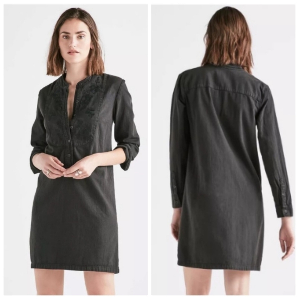 Lucky Brand Black Denim Embroidered Dress M